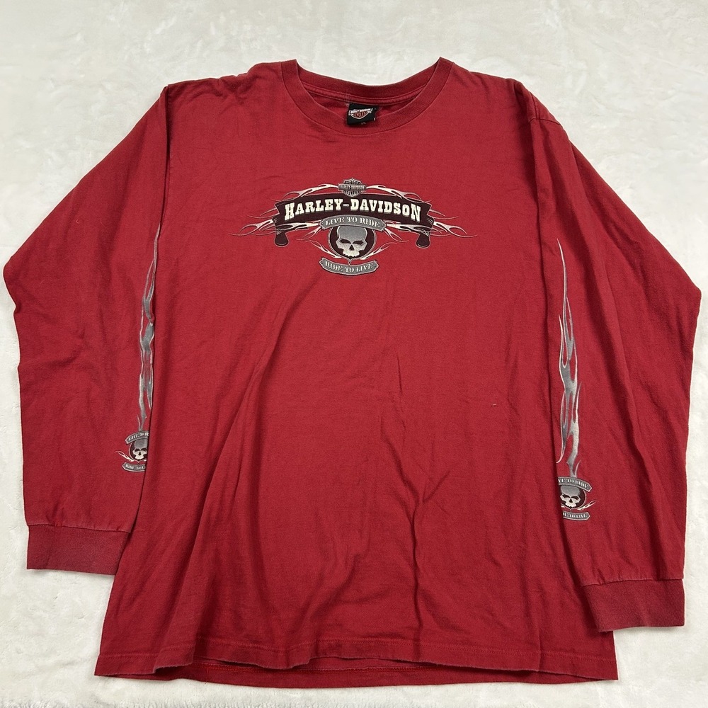 Harley-Davidson Long Sleeve Shirt Mens XL Red Stubbs Houston Texas Skull Flame